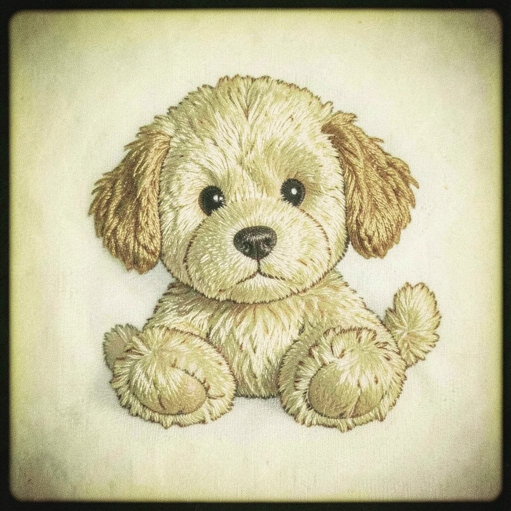 A cuddly embroidered dog design in warm browns and creams on textured fabric, soft and inviting
