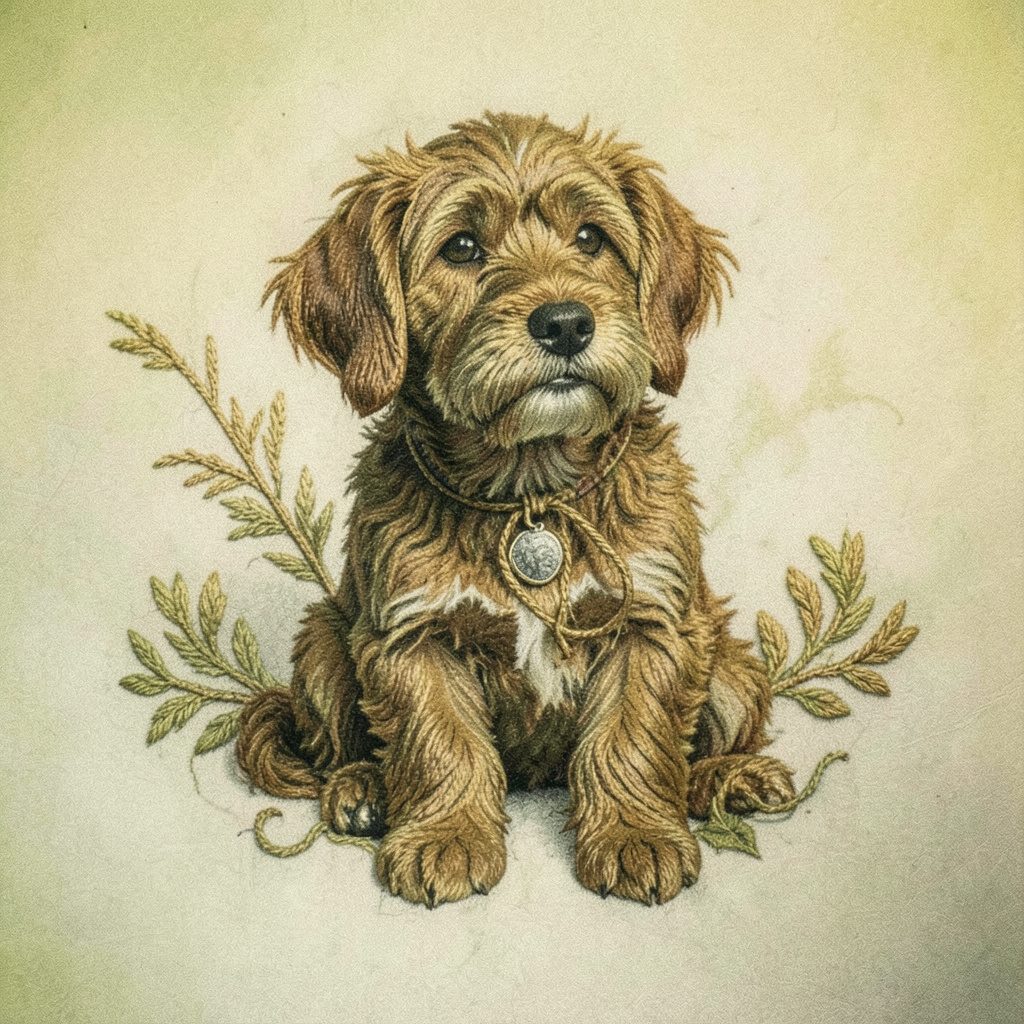 A regal embroidered dog portrait in rich chestnut and cream tones, fine thread detail on dark backing