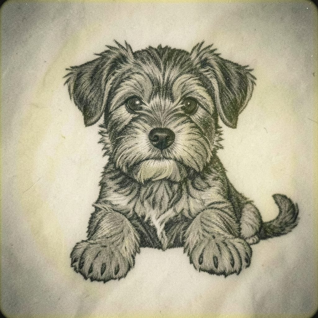 A grainy analog film photo of a monochrome embroidered dog portrait on textured fabric, with deep blacks and soft gray highlights.