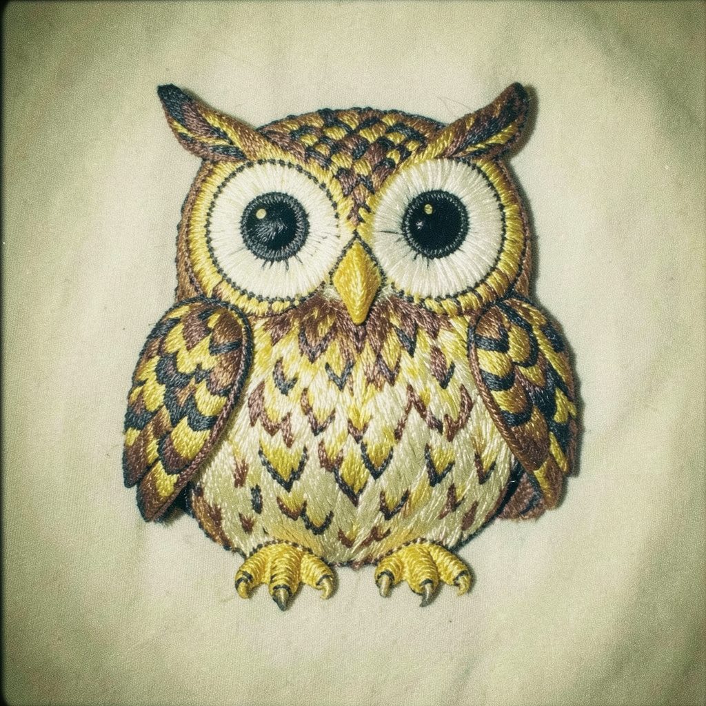 A dazzling baby owl embroidery design in soft tawny browns and creams, delicate stitched feathers