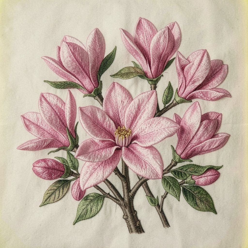 Beautiful wild pink magnolia flowers in embroidery, soft blush pinks and greens on natural linen, delicate thread texture with visible film grain