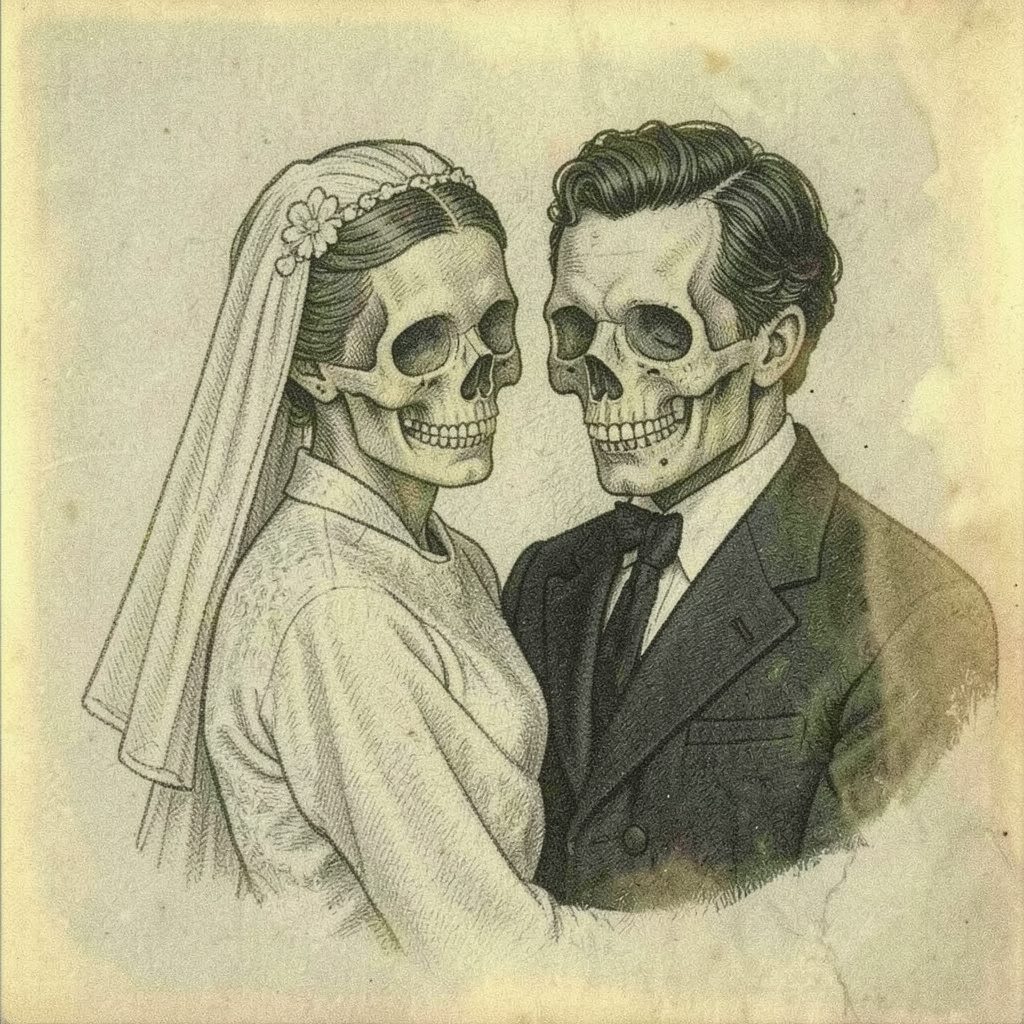A grainy analog film image of an artistic skull bride-and-groom embroidery design in monochrome with subtle highlights.