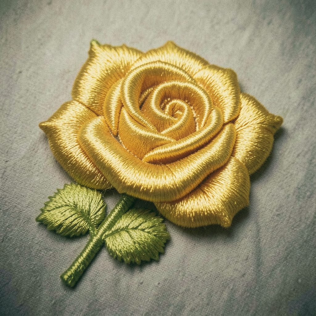 A richly textured golden rose embroidery design on dark fabric, warm amber and gold tones with subtle thread sheen, analog film grain visible