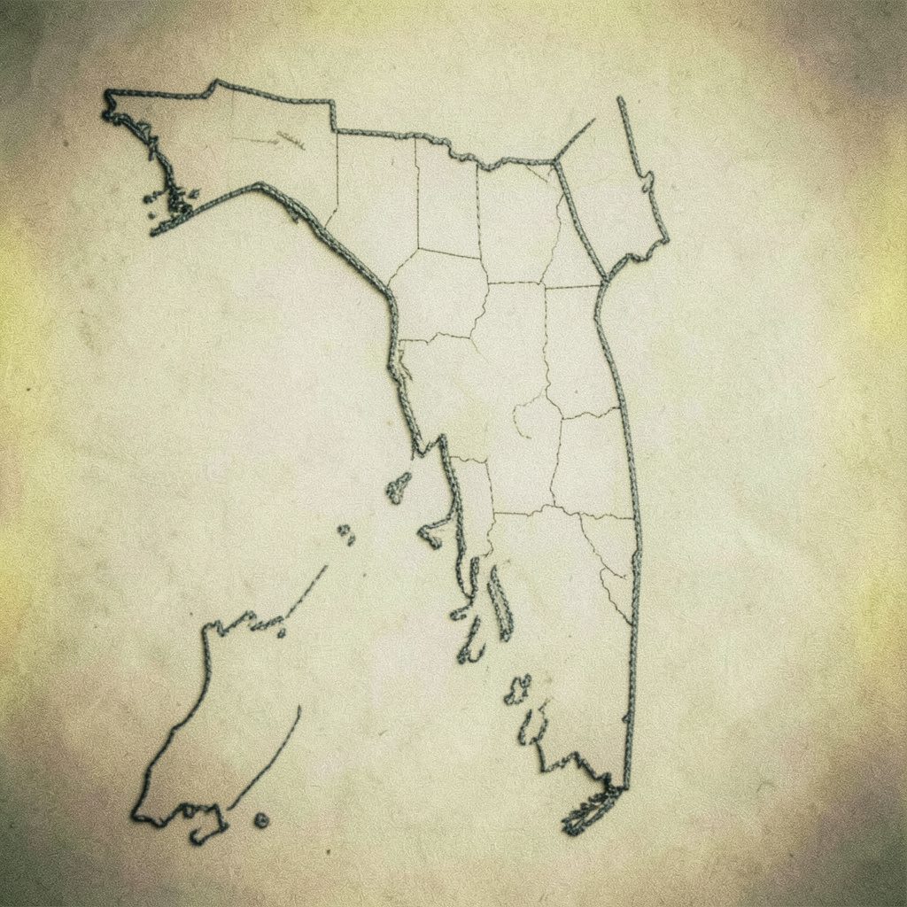 A fantastic Florida map outline in embroidery, vibrant tropical greens and ocean blues on textured fabric, warm analog film grain